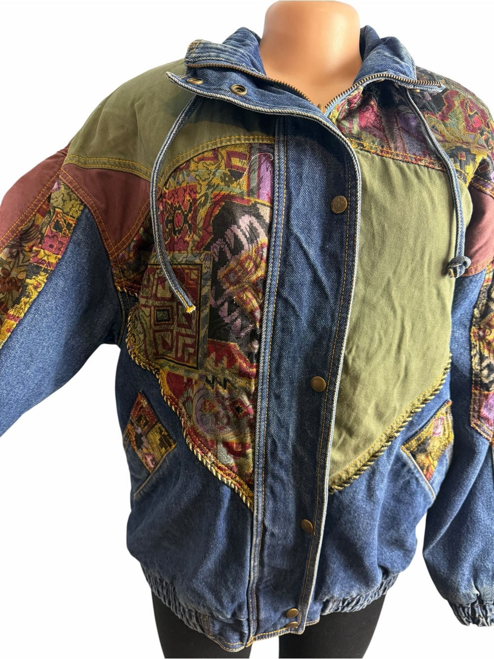 Vintage Weathered Blues Denim Jacket tapestry Patchwork - Picture 3 of 11